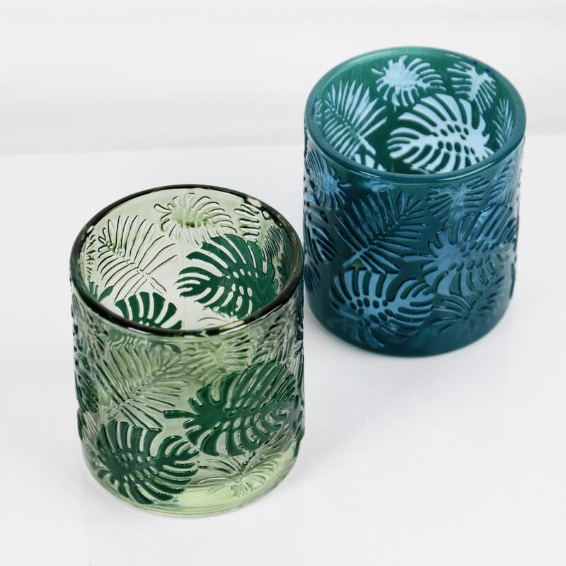 کیفیت Embossed Tropical Monstera Leaf Glass Candle Holder with 200ml Capacity in Lead-Free Crystal Glass کارخانه