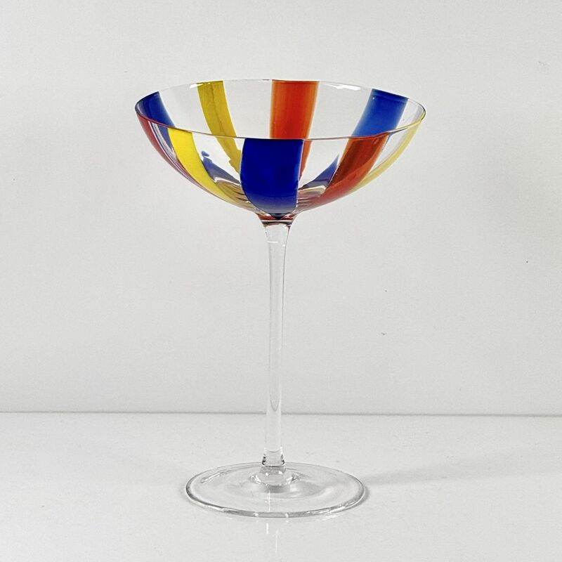 کیفیت Hand Blown Art Glass Goblet & Coupe Glass Set, Vibrant Red Yellow Blue Vertical Cane Stripes Murano Style Stemmed Wine & Martini Glasses for Bar, Party & Gift کارخانه