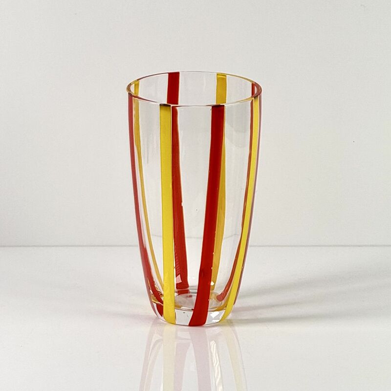 کیفیت Hand Blown Colored Cane Striped Glass Tumbler & Bowl Set, Murano Style Red Yellow Vertical Stripe Drinking Cups and Snack Bowl, Lead-Free Art Glass for Water, Juice, Table Decor کارخانه