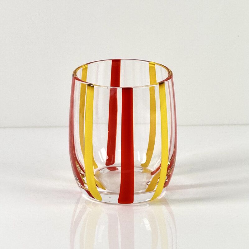 کیفیت Hand Blown Colored Cane Striped Glass Tumbler & Bowl Set, Murano Style Red Yellow Vertical Stripe Drinking Cups and Snack Bowl, Lead-Free Art Glass for Water, Juice, Table Decor کارخانه