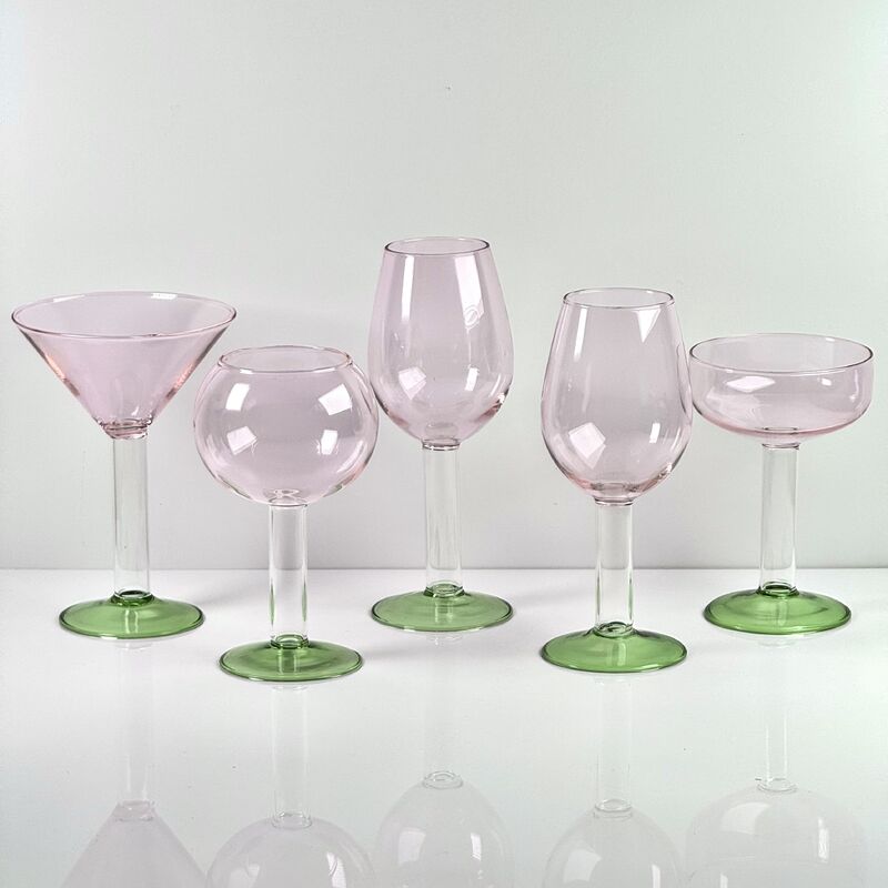 کیفیت Hand Blown Borosilicate Stemmed Wine & Cocktail Glass Set, Pink Bowl with Green Hollow Stem Base, Colored Spray Tinted Art Goblets for Bar, Wedding & Table Decor کارخانه