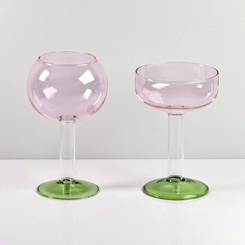 کیفیت Hand Blown Borosilicate Stemmed Wine & Cocktail Glass Set, Pink Bowl with Green Hollow Stem Base, Colored Spray Tinted Art Goblets for Bar, Wedding & Table Decor کارخانه