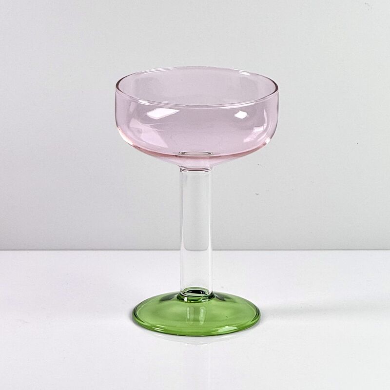 کیفیت Hand Blown Borosilicate Stemmed Wine & Cocktail Glass Set, Pink Bowl with Green Hollow Stem Base, Colored Spray Tinted Art Goblets for Bar, Wedding & Table Decor کارخانه
