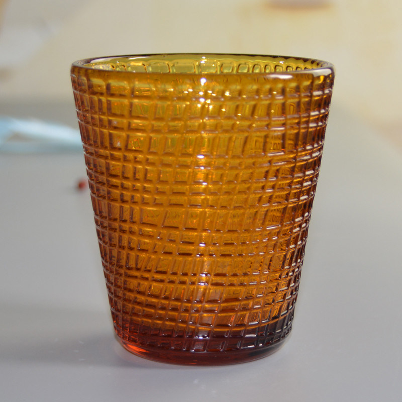 کیفیت Embossed Linen Pattern Solid Amber Glass Tea Light Holders کارخانه