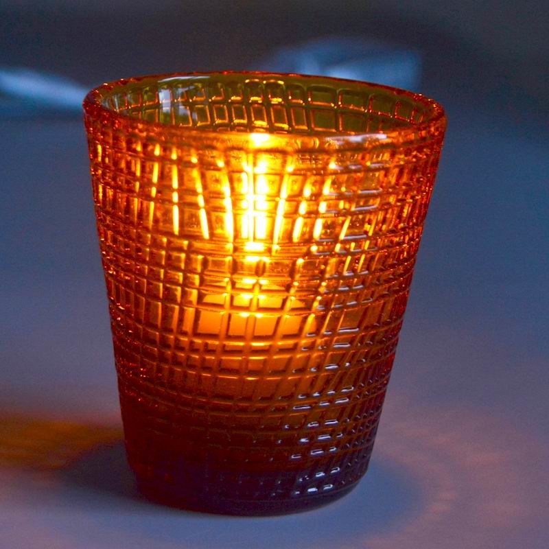 کیفیت Embossed Linen Pattern Solid Amber Glass Tea Light Holders کارخانه