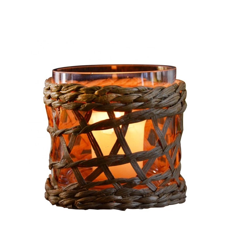 کیفیت Round Creative Glass Candle Holders With Wicker Sleeve کارخانه
