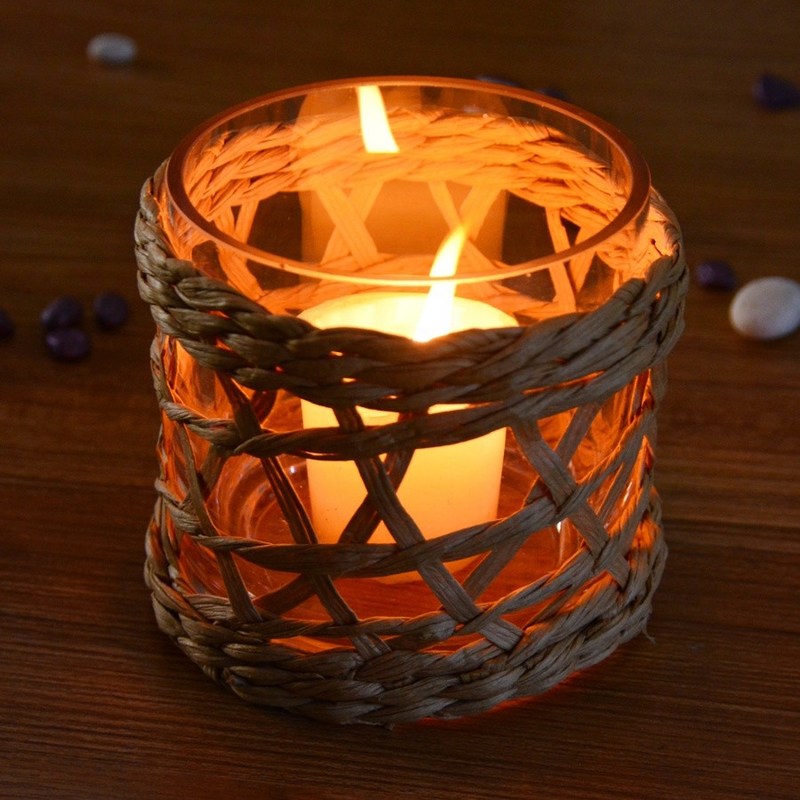 کیفیت Round Creative Glass Candle Holders With Wicker Sleeve کارخانه