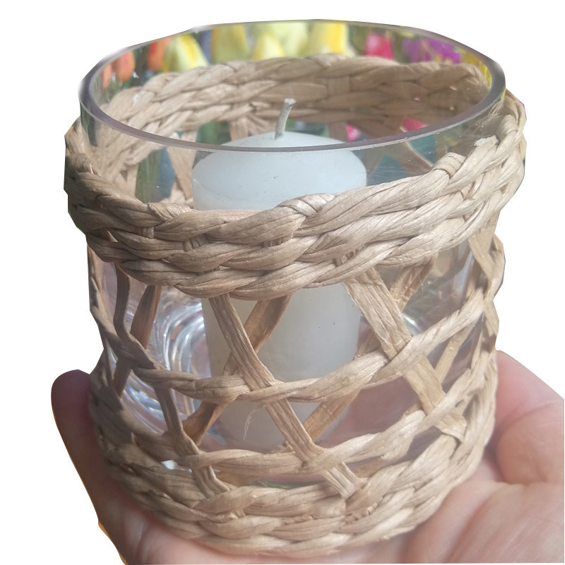 کیفیت Round Creative Glass Candle Holders With Wicker Sleeve کارخانه