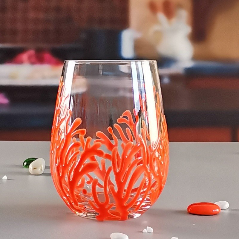 کیفیت Egg Shaped 500ml Crystal Wine Glass With Embossed Red Corals کارخانه
