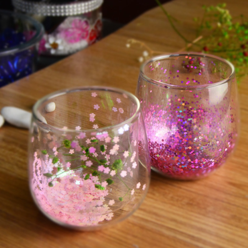 کیفیت Customized Double Wall Glass Coffee Cup Decorative Glitter Tumbler Drinking Glasses کارخانه