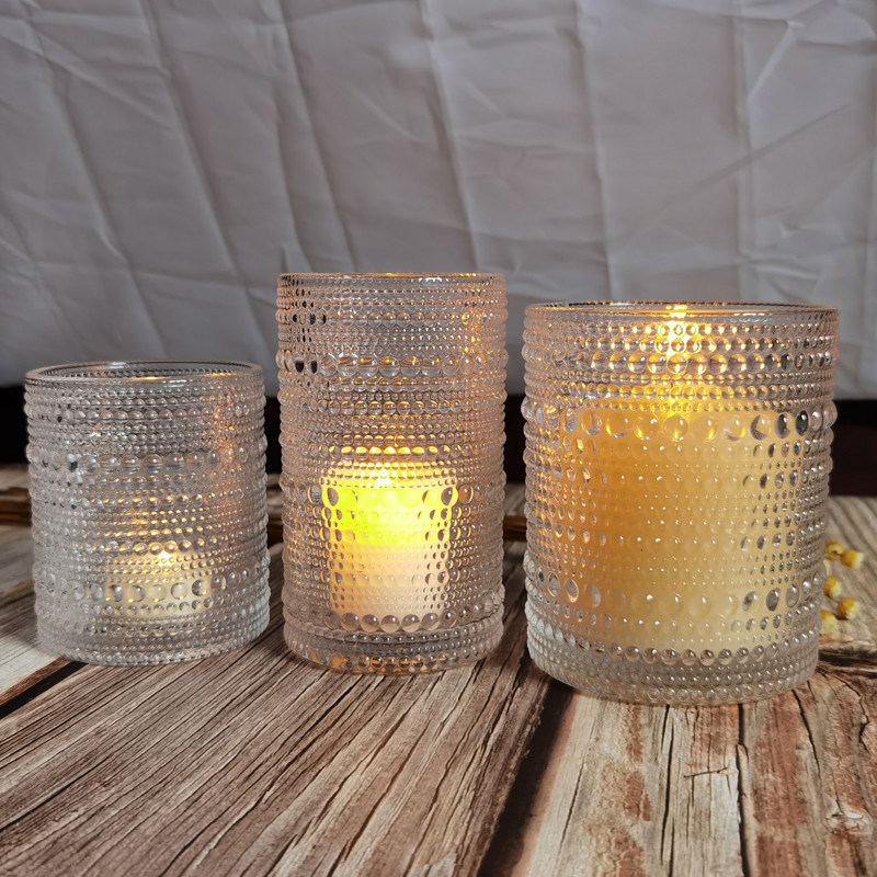 کیفیت Customized Embossed Beads Strings Glass Votive Candle Holders ,  Glass Cylinder Candle Holders کارخانه