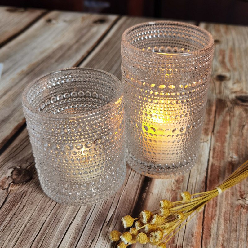 کیفیت Customized Embossed Beads Strings Glass Votive Candle Holders ,  Glass Cylinder Candle Holders کارخانه