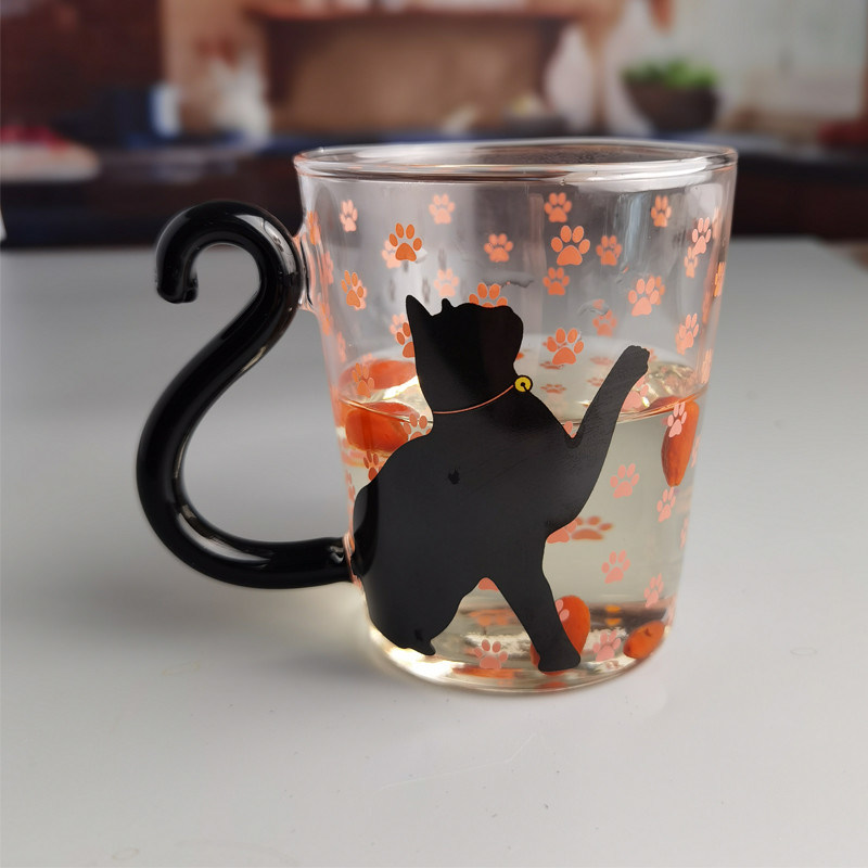کیفیت Borosilicate Black Cat Tea Glass Mug With Color Tail Handle کارخانه