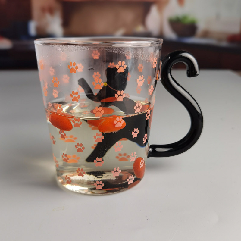 کیفیت Borosilicate Black Cat Tea Glass Mug With Color Tail Handle کارخانه