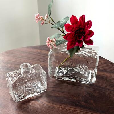 کیفیت Rectangular Clear Hammered Glass Vase - Modern Minimalist Decorative Flower Vase for Table Centerpiece کارخانه