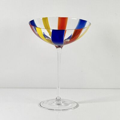 کیفیت Hand Blown Art Glass Goblet & Coupe Glass Set, Vibrant Red Yellow Blue Vertical Cane Stripes Murano Style Stemmed Wine & Martini Glasses for Bar, Party & Gift کارخانه