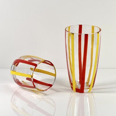 کیفیت Hand Blown Colored Cane Striped Glass Tumbler & Bowl Set, Murano Style Red Yellow Vertical Stripe Drinking Cups and Snack Bowl, Lead-Free Art Glass for Water, Juice, Table Decor کارخانه