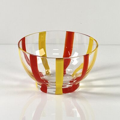 کیفیت Hand Blown Colored Cane Striped Glass Tumbler & Bowl Set, Murano Style Red Yellow Vertical Stripe Drinking Cups and Snack Bowl, Lead-Free Art Glass for Water, Juice, Table Decor کارخانه
