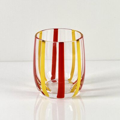کیفیت Hand Blown Colored Cane Striped Glass Tumbler & Bowl Set, Murano Style Red Yellow Vertical Stripe Drinking Cups and Snack Bowl, Lead-Free Art Glass for Water, Juice, Table Decor کارخانه