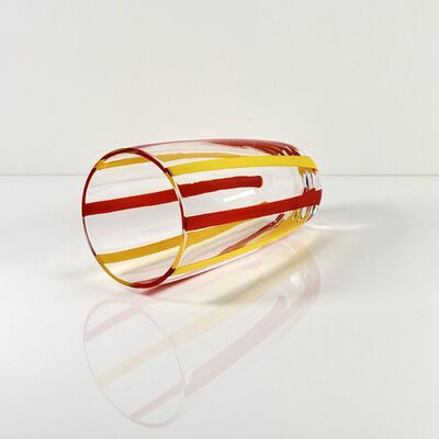 کیفیت Hand Blown Colored Cane Striped Glass Tumbler & Bowl Set, Murano Style Red Yellow Vertical Stripe Drinking Cups and Snack Bowl, Lead-Free Art Glass for Water, Juice, Table Decor کارخانه