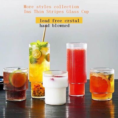 کیفیت Thin Wall 7cm Diameter Tumbler Drinking Glasses With Optical Stripes کارخانه