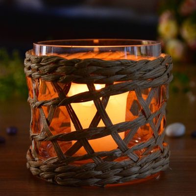 کیفیت Round Creative Glass Candle Holders With Wicker Sleeve کارخانه