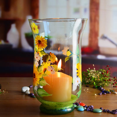 کیفیت Hand Painted Sunflower Pattern Glass Candle Holders For Home کارخانه