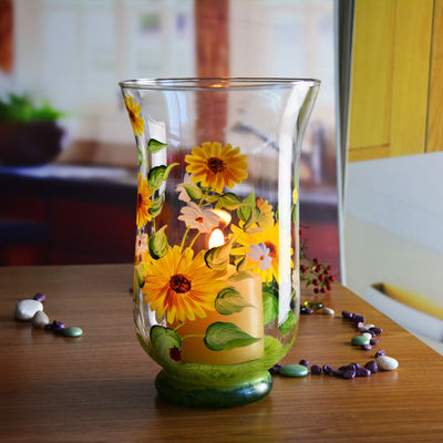 کیفیت Hand Painted Sunflower Pattern Glass Candle Holders For Home کارخانه