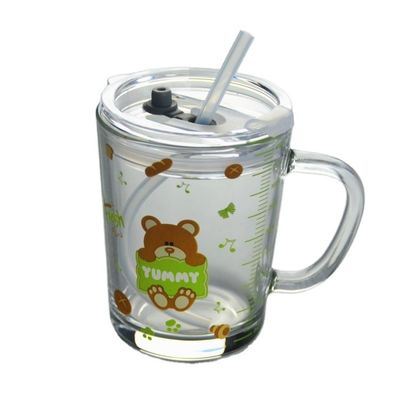 کیفیت Cartoon Crystal Drinking Glass With Lid And Silicate Straw کارخانه